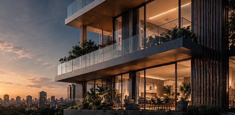 Fachada de edifício residencial com varandas iluminadas