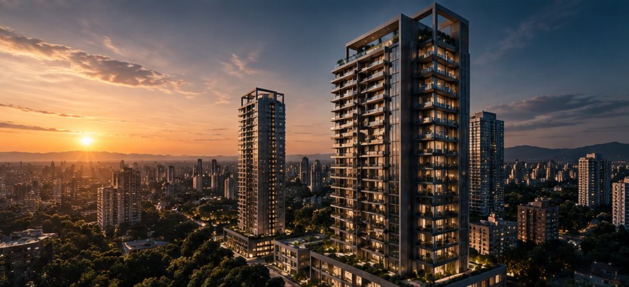 Torres residenciais sobre a cidade ao pôr do sol