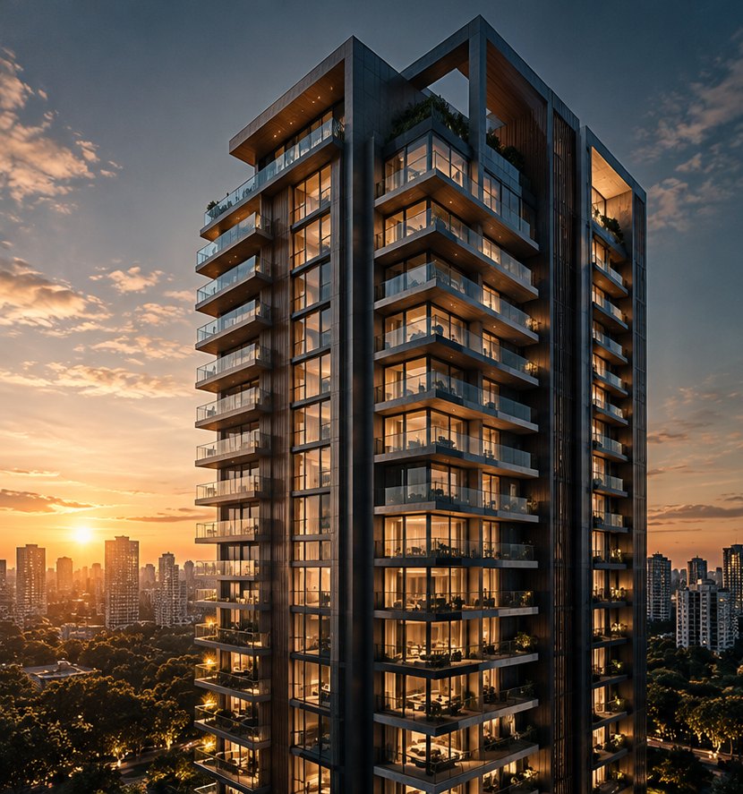 Torre residencial iluminada ao entardecer